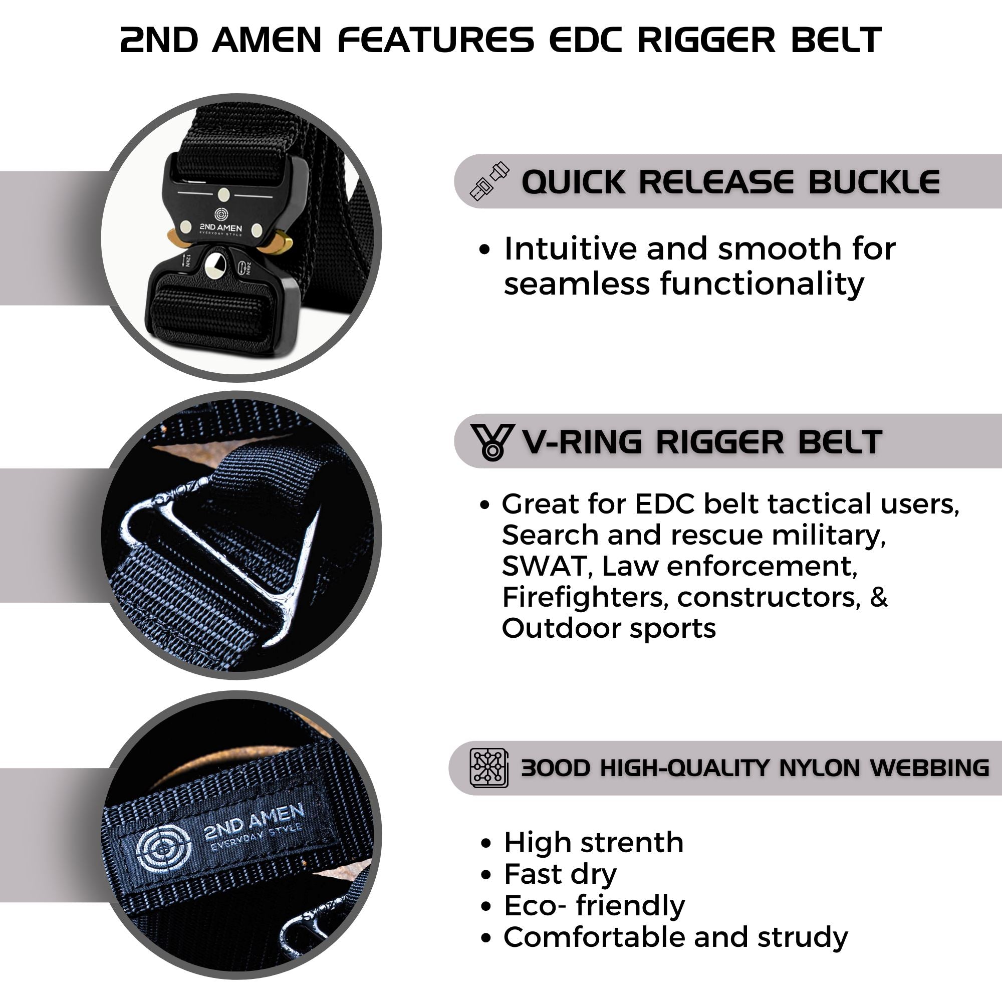 2ND AMEN Tactical EDC Belt 1.5" Men's Rigger Nylon Webbing Belt V-Ring Adjustable Quick Release Metal Buckle Belts 2ND AMEN