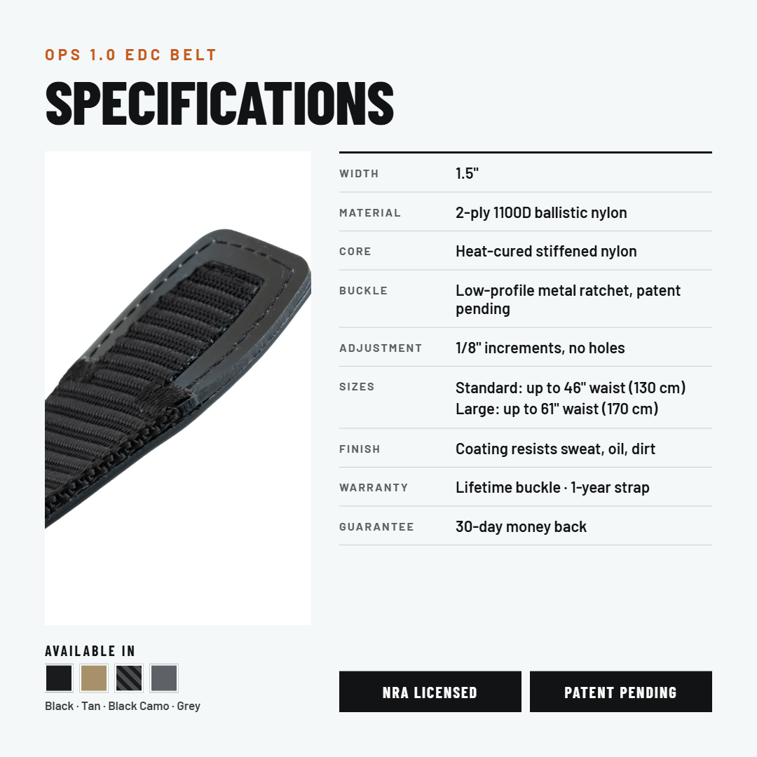 OPS 1.0 EDC Belt 1.5" Width Ballistic Nylon for Everyday Carry