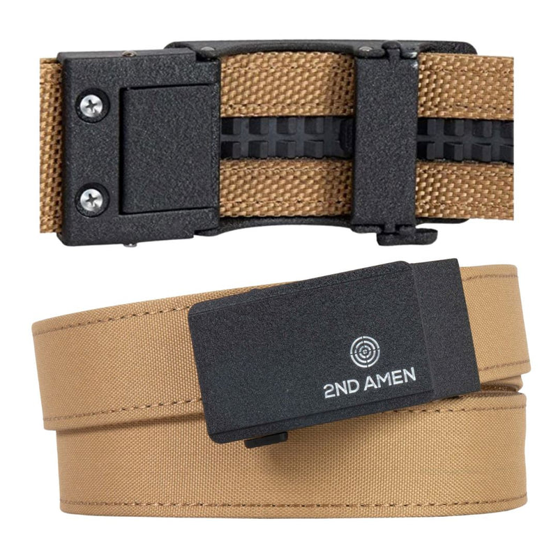 2nd Amen Protector 1.0 Heavy Duty Ratchet Gun Belt, 1.38-inch Adjustable EDC Belt with Metal Buckle, 600D Nylon Webbed Design. Belts 2ND AMEN Tan 1.38" Standard Up to 46" Waist